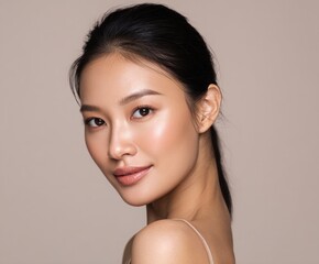 A captivating portrait of a woman with flawless skin, displaying a soft, natural beauty against a neutral backdrop.