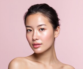 A  close-up portrait of a woman with flawless, glowing skin against a soft pink backdrop. Her makeup accentuates her delicate features and creates a serene, healthy appearance.