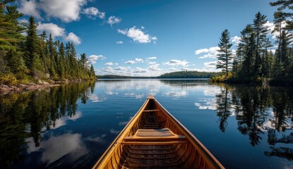 Canoe on a serene lake, sunny day.  Tranquil view