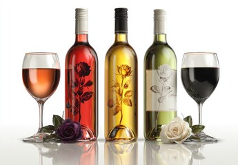 Four wine bottles, each with a rose design, and matching glasses