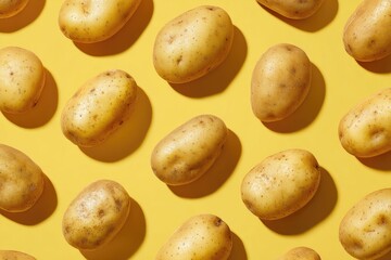 Potatoes arranged in a grid pattern on a vibrant yellow background