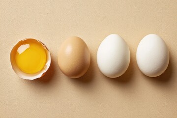 Three whole eggs and one cracked egg, yellow yolk visible, lie in a row on a beige surface