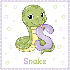 Letter S with Snake Cute Educational Alphabet Flashcard for Kids