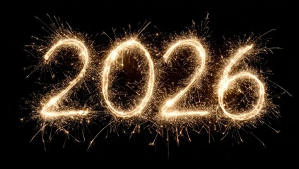 Sparkler-drawn "2026" numerals on black background