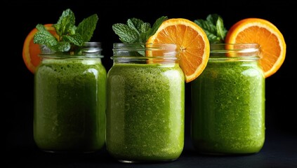 Three vibrant green smoothies in mason jars, garnished with orange slices and fresh mint