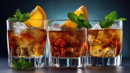 Three iced cocktails, amber colored, garnished with orange slices and mint