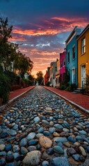 Cobblestone street lined with colorful houses at sunset