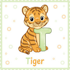 Letter T with Tiger Cute Educational Alphabet Flashcard for Kids