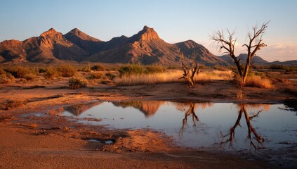 Desert landscape at dawn, reflecting mountains.  A still puddle mirrors the rugged, rust-colored peaks