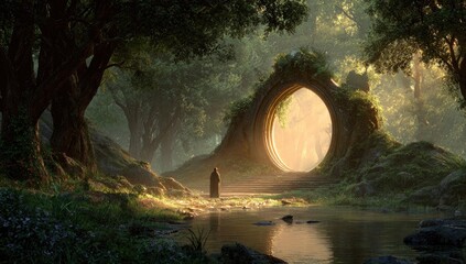 Mystic portal in sunlit forest.  Silhouetted figure