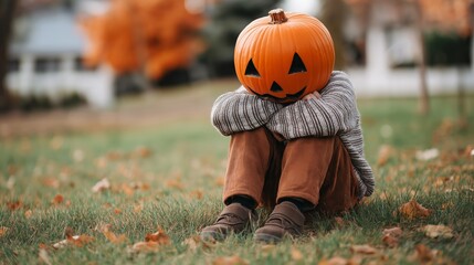 Melancholic child concealing face behind carved halloween pumpkin, sitting amid fallen autumn leaves, hugging knees in garden, expressing childhood emotional vulnerability