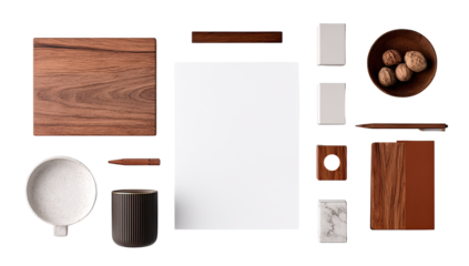 Overhead view of various office and home goods.  Wooden platters, cups, and a blank sheet of paper are among the items
