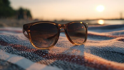 Sunglasses rest on a striped beach blanket at sunset.  Golden light bathes the scene