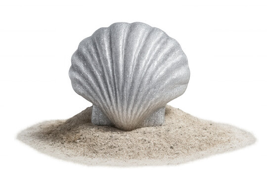 Silver scallop shell nestling on sandy surface, highlighting delicate marine texture against pristine white backdrop