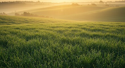 Fototapeta premium Golden sunrise over lush green rolling hills, a breathtaking natural landscape bathed in warm light, with dew-kissed grass in the foreground and a hazy morning sky