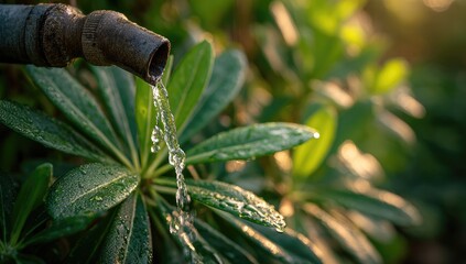 Water flows from a rustic pipe onto lush, green leaves