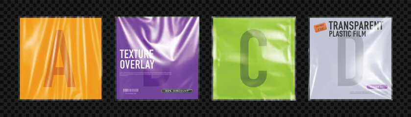 Realistic Transparent Plastic Wrinkled Texture Overlay Set. Clear Packaging Film Effect.