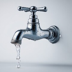 Chrome faucet with dripping water.  A close-up of a chrome-plated wall-mounted faucet, showing water dripping from the spout.  The faucet has a classic design with a cross-shaped handle.  