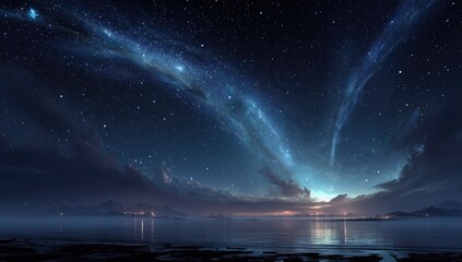 Night sky over tranquil water.  Vast expanse of stars, wispy light streaks, and a serene coastal scene