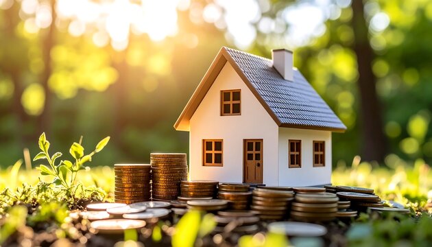 Miniature house on coins in a grassy area, sunlight
