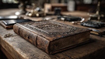 Ornate leather-bound book on a weathered wooden table