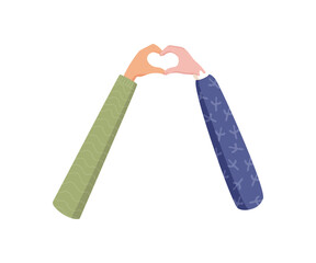 Flat colorful hands creating heart symbol. Two arms form shape of love and hope. Symbol of unity and solidarity, emphasizing friendship community values, ideal for equality, care, human connection