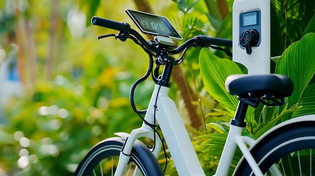 Ecofriendly ebike charging in lush urban setting with greenery