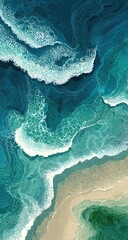 Aerial view of turquoise waves crashing on a light beige beach