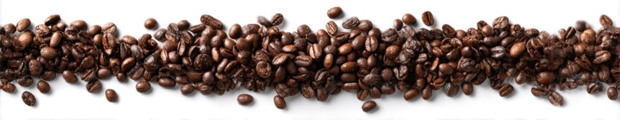 Naklejka premium Roasted coffee beans scattered in a horizontal line on a white background