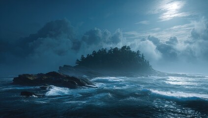 Misty island at night, dramatic seascape under a full moon