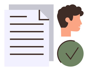 Document next to a head silhouette and green checkmark indicating approval or verification. Ideal for user profile, verification, compliance, identity, approval process, human resources