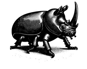 Armored Elegance: Rhinoceros Beetle in Ink Detail, A meticulously hand-drawn black-and-white illustration of a rhinoceros beetle, showcasing its iconic horn, textured exoskeleton, and segmented legs