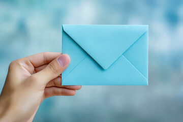 Hand Holding Light Blue Envelope Against Soft Blurred Background