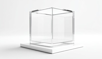 Clear acrylic cube display case on white pedestal