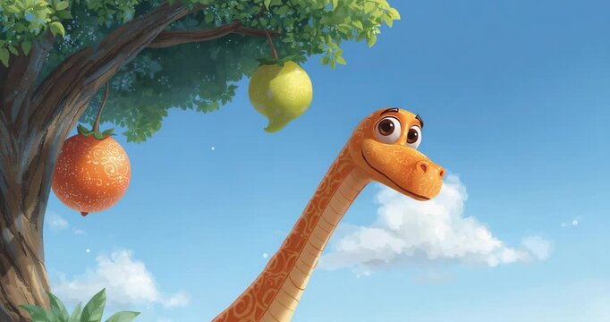 Spotting green and orange fruits, reptile stretching under fruit-laden tree and anticipating bite