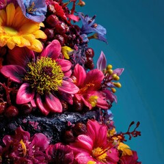 Close-up of a cake adorned with vibrant flowers.  A dark, almost black cake base is covered in a profusion of  pink, purple, and yellow flowers.  