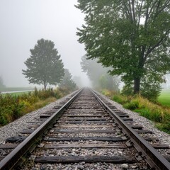 Fototapeta premium Misty railroad track disappearing into a hazy distance. Green trees line the tracks. Fields are visible beyond the fog