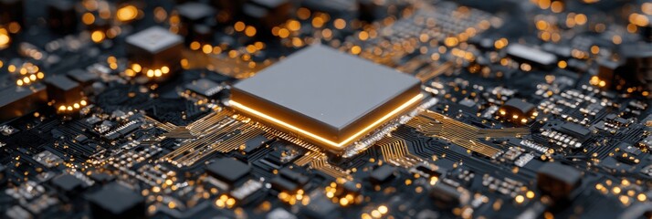 Obraz premium Close-up of a circuit board with a highlighted central processor