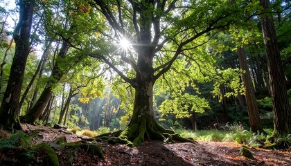 Naklejka premium Sunlight through a majestic forest tree