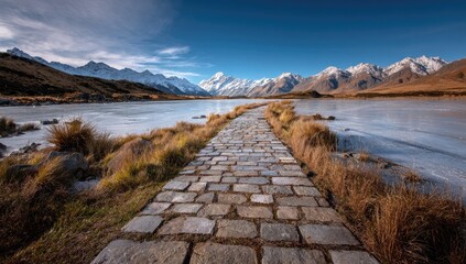 Fototapeta premium Stone path leads to snow-capped peaks. A paved walkway stretches across a frozen lake, towards majestic mountains blanketed in snow. Autumn colors paint the shoreline. Vast blue sky