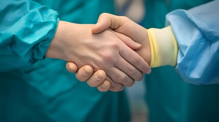 Closeup Handshake Surgeons Medical Professionals Teal Scrubs