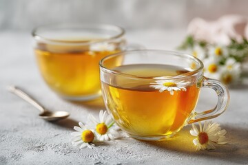 Two clear teacups filled with golden chamomile tea, beside a silver spoon and chamomile flowers on a light gray surface