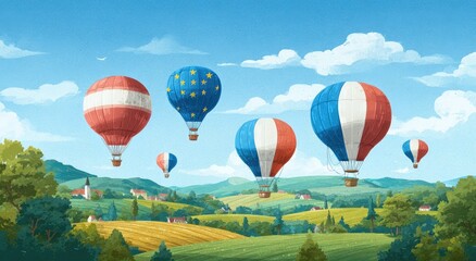 Naklejka premium Colorful hot air balloons, painted with national flags, float over a picturesque landscape of rolling hills, charming villages, and vibrant fields under a clear blue sky with puffy white clouds