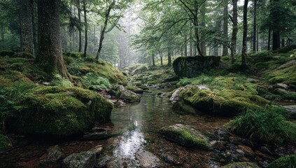 Obraz premium Misty forest creek. Lush mossy rocks and trees line a clear stream in a tranquil woodland