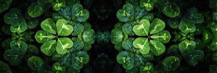 Symmetrical pattern of vibrant green clover leaves.  Dark background