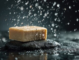 Light beige bar of soap rests on dark stones, water droplets in mid-air