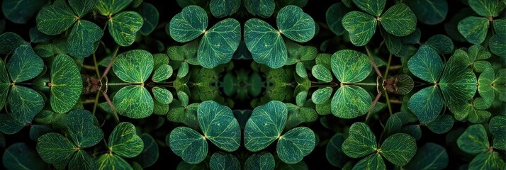 Close-up symmetrical pattern of vibrant green clover leaves