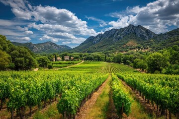 Fototapeta premium Panoramic vineyard landscape under a partly cloudy sky