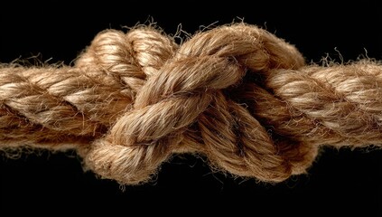 Close-up of a tightly knotted rope against a black background.  A complex, intertwined knot is centered in the image.  The rope's texture and fibers are clearly visible