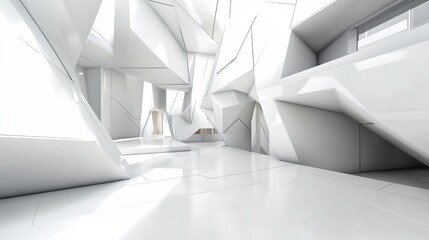 Fototapeta premium Modern geometric architectural interior, pristine white design, with natural light and a futuristic aesthetic